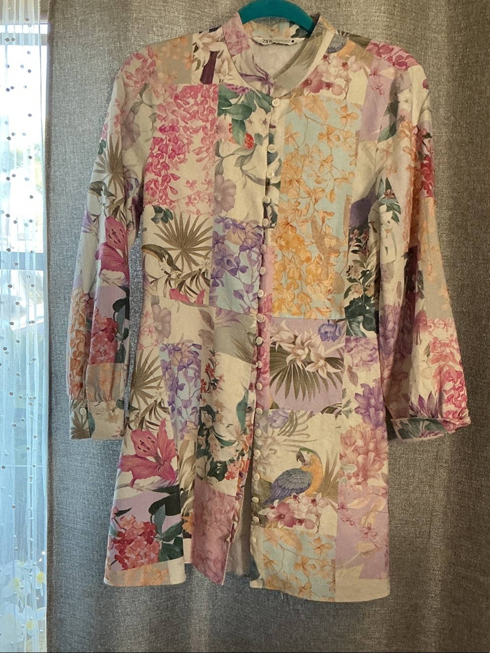 Zara Long-Sleeve Floral Patchwork Shirt Dress - Lavender, Pink, Cream